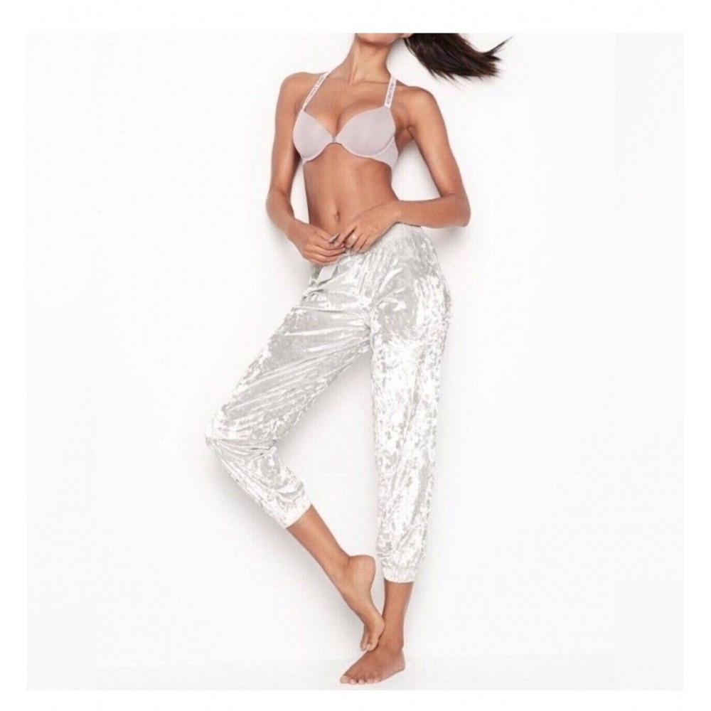 Victoria's Secret Crushed Velvet Joggers Women M Silver Elastic Waist Loungewear